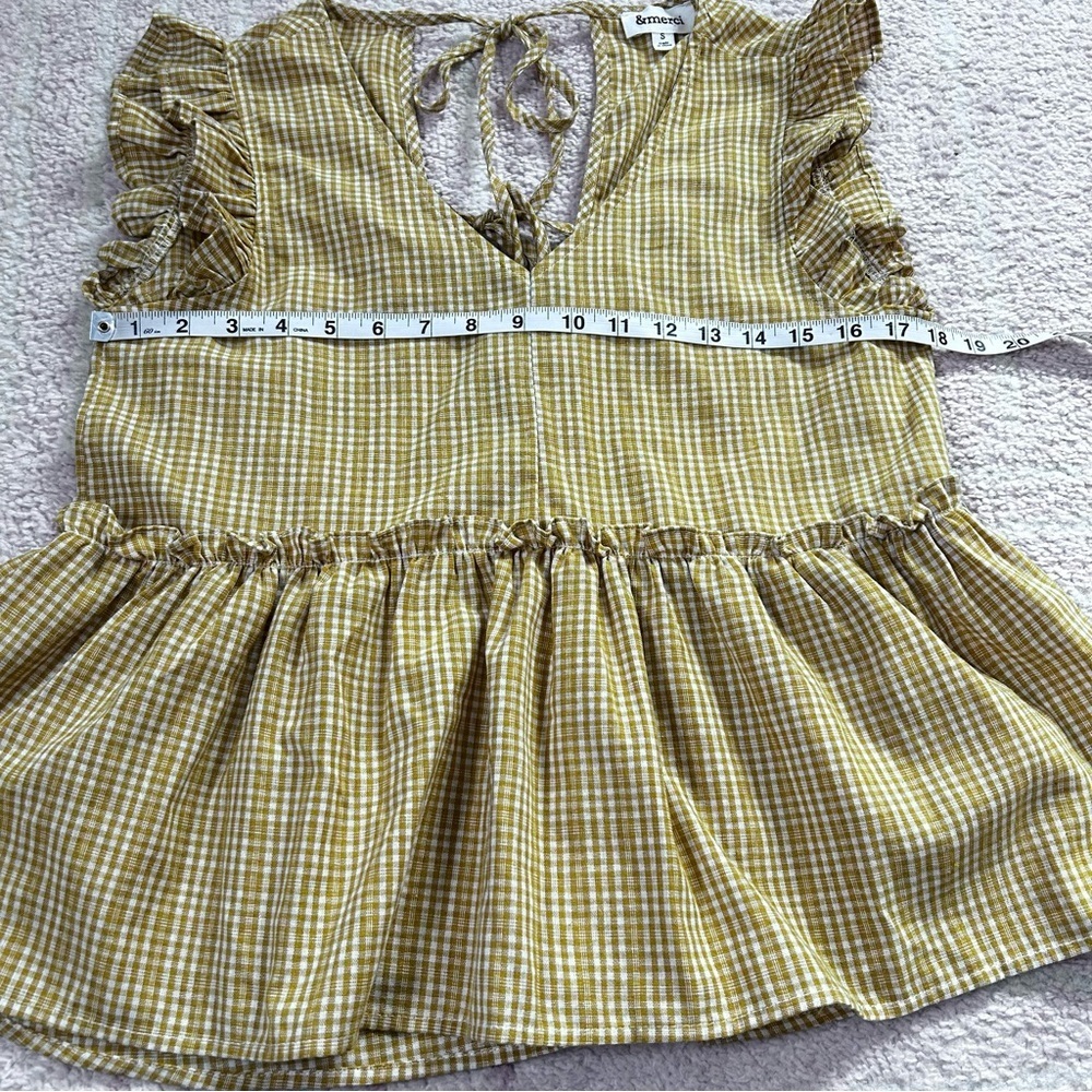 &Merci Mustard Gingham Plaid Babydoll Top Open Tie Back Ruffle Sleeves Small - Picture 7 of 12